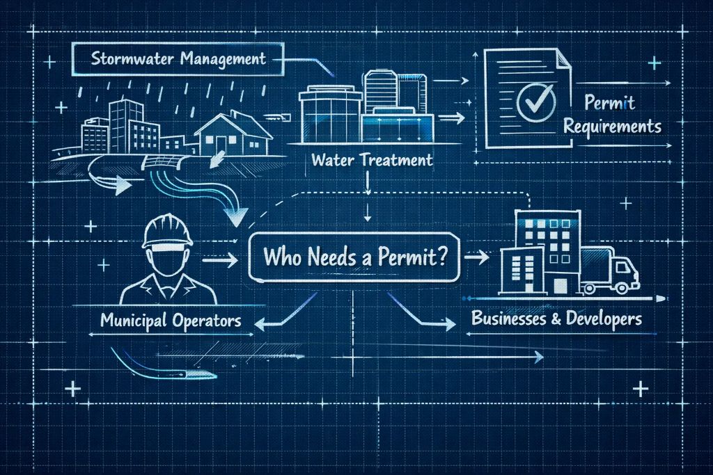 Municipal stormwater permit infographic showing the regulatory workflow between water treatment facilities, permit requirements, municipal operators, and businesses